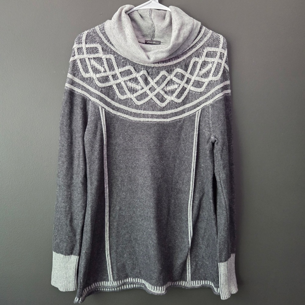 Eddie Bauer Cowl‎ Neck Tunic Sweater Gray Geometric Knit Long Sleeve Size M